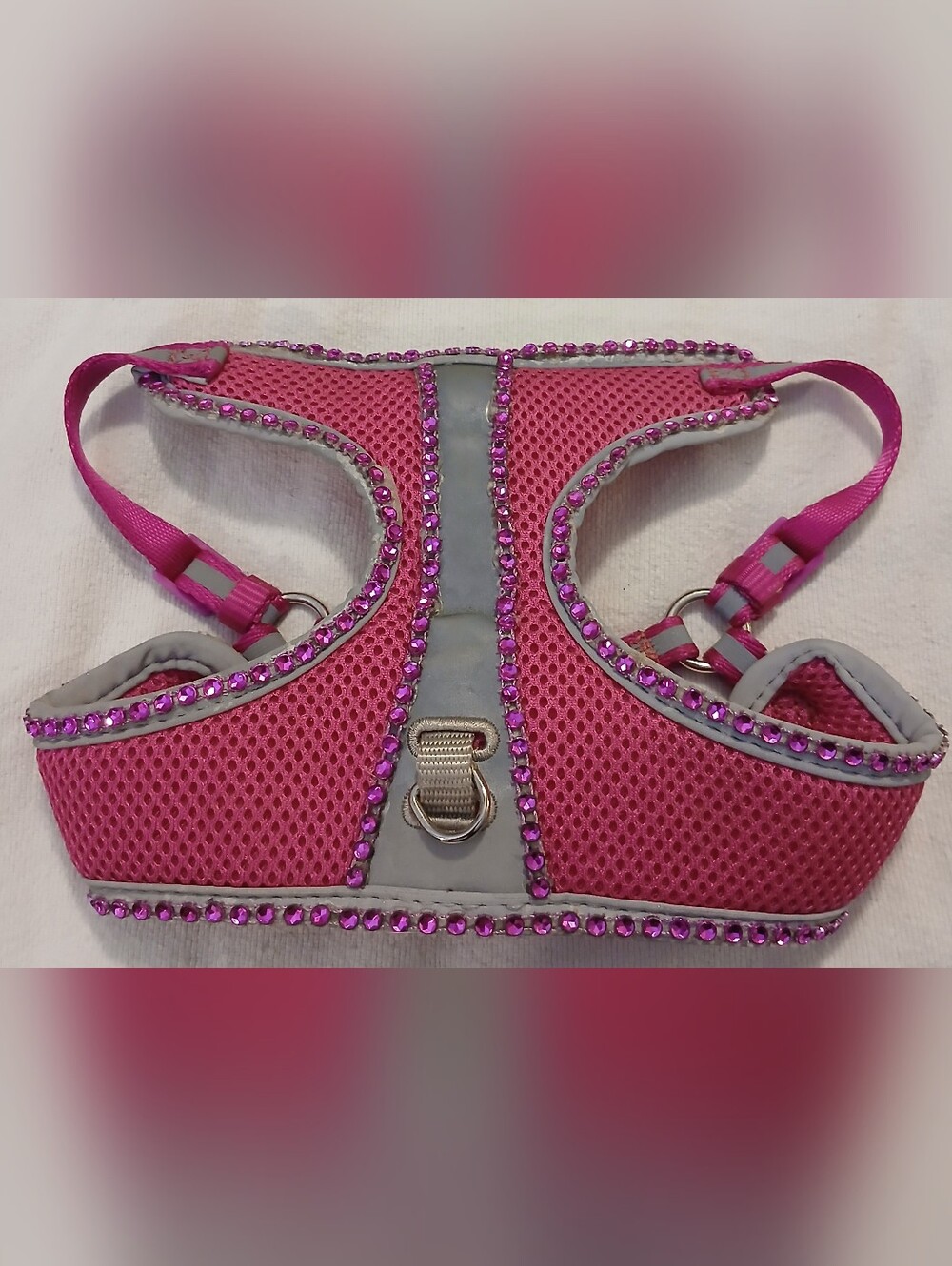 Pre-loved Small Pink Rhinestone Mesh Puppy Harness - Stylish Pet Accessory.